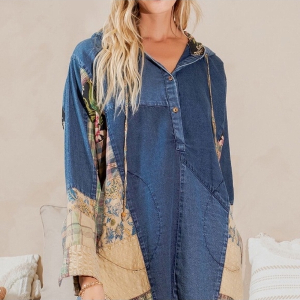 NEW!!! Young Threads Denim Patchwork Hooded Tunic… - image 1